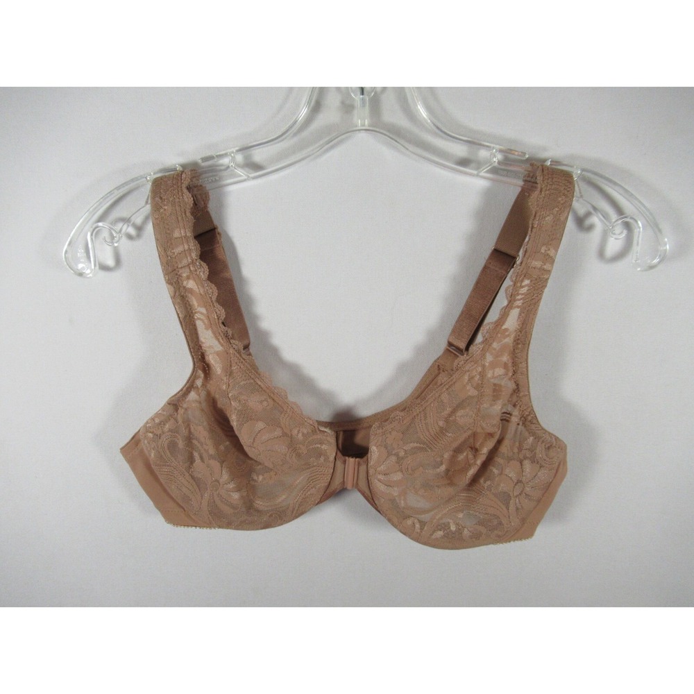 Glamorise Wonderwire Front Close Unlined Lace Bra 34B Brown Underwire 9245